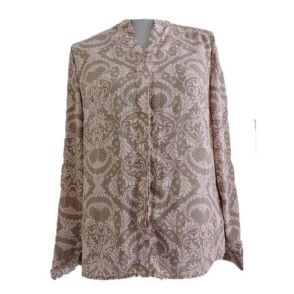 New York and Company Tops - New York Company Shirt Button Down Brown Pink Career Long Tab Sleeve Blouse S